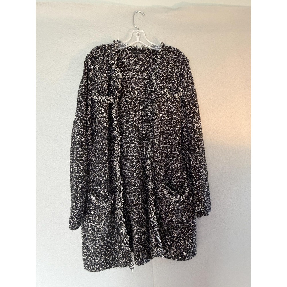 Ann Taylor Cardigan Sweater Womens L Black Fringe Open Front Pockets Chunky Knit
